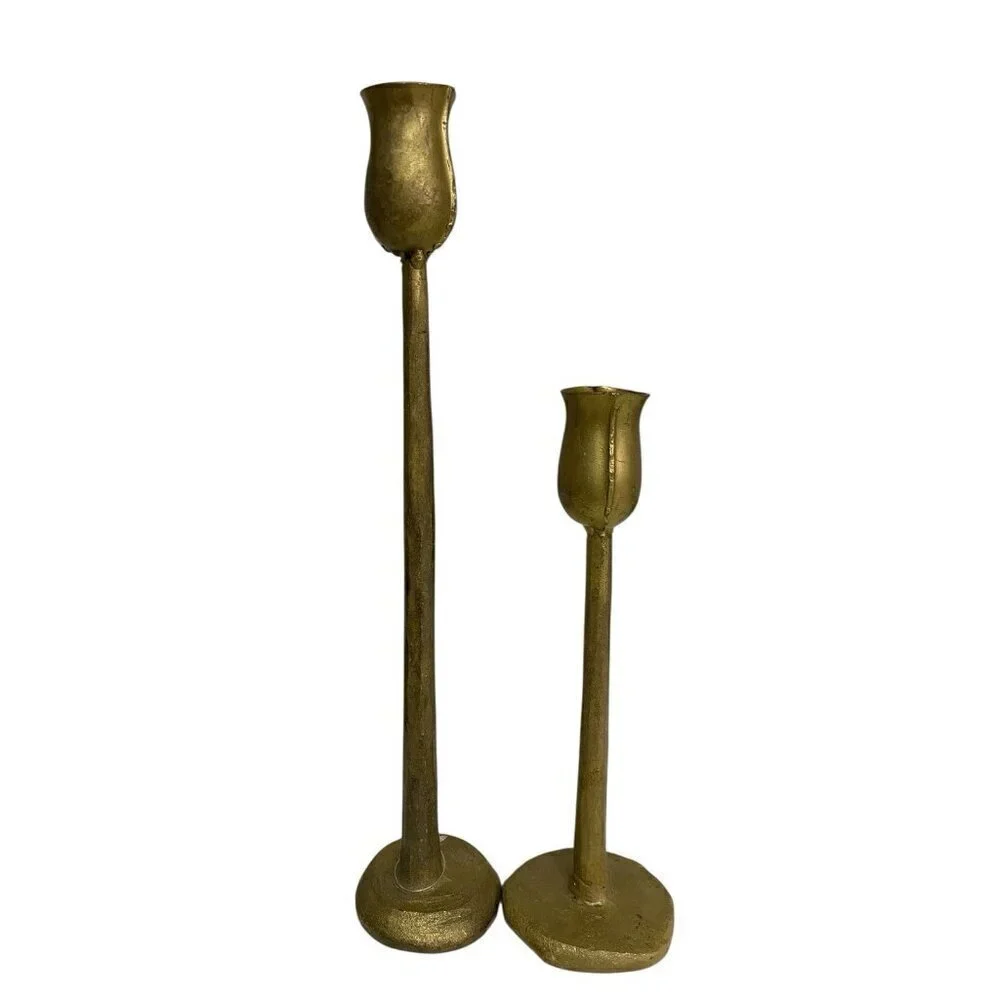 Pair Forged &Molded Iron Taper Candle Holders Gold Tone Brutalist Style 12